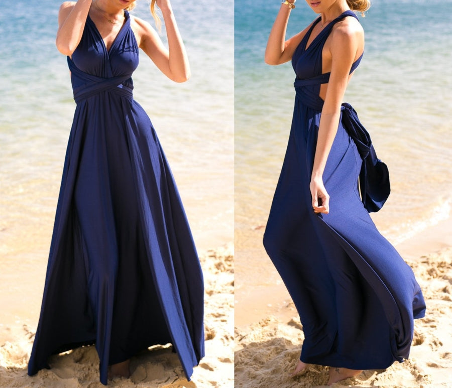 Navy Blue Women Transformer Long Prom Dress Multi-Way Wrap Convertible Floor Length Wedding Halter Maxi Gown High Elasticity
